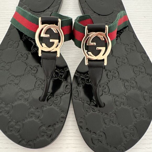 Gucci GG Black Thong Guccissima Sandals Logo Monogram Flip Flop Web Day 7.5 37.5 - Picture 3 of 10